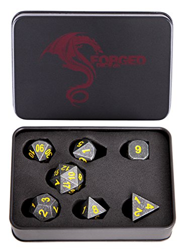 Forged Dice Co. Metal Iron Silver with Yellow Numbers Set of 7 Polyhedral Dice with Dragon Logo Tin Case Compatible with RPG games like Dungeons and Dragons, DnD, and Pathfinder