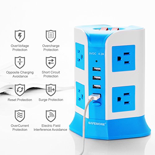 USB Power Strip Surge Protector Multi Electrical Outlet 8 Outlet 4 USB Port with 6.5 Feet Long Cord 2100 Joules Surge Suppressor Protection Vertical Socket for Home and Office-Safemore(White + Blue)
