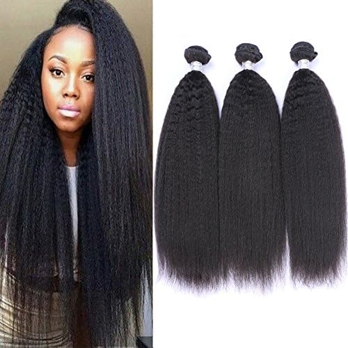 Imayli Kinky Straight Hair 3 Bundles Yaki Human Hair Weave Unprocessed Brazilian Virgin Remy Sew in Hair Extensions Natural Black(18" 20" 22")