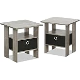 Furinno Andrey Set of 2 Square 2-Tier Side Table, End Table, French Oak | Open Shelf and Storage Bin, Modern Night Stand, Bedside Table, for Small Spaces, Study, Dorm, Living Room, Bedroom