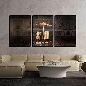 3 Piece Canvas Wall Art - Concept Couple in The Rain, Wine Cork Figures - Modern Home Art Stretched and Framed Ready to Hang - 16"x24"x3 Panels