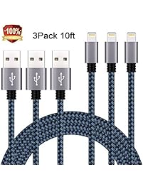Sundix iphone Charger 3 Pack 10ft Nylon Braided Lightning Cable Extra Long Charging Cord for iPhone 7 6 6s Plus 5 5s 5c SE iPad iPod & More(Blueblack)