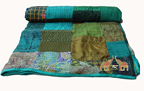 Traditional Indian Silk Patola Quilt , Queen Size 88" X 108"inches , Kantha Stitch Gudri Bedspread and Bed Cover and Raill By Mango Gifts India