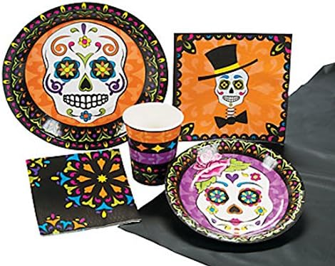 Halloween Skull Candy Day of the Dead Party Supply Pack for 8 Guests Includes Dinner Plates, Dessert Plates, Luncheon Napkins, Beverage Napkins, Cups and 1 Tablecover