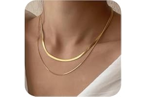 Tewiky Herringbone Necklace for Women Dainty 14k Gold Snake Chain Necklace Layered Gold Herringbone Double Flat Snake Chain Choker Necklace Thin Chunky Chain Necklace Gift for Her