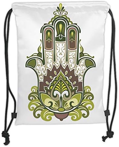 HGWC Drawstring Fashionable Sport Gym Yoga Backpacks Bags,Hamsa,Natural Elements Inspired Hamsa Hand with Branch and Leaf Nature Zen Harmony,Green White Brown Soft Satin,5 Liter Capacity,Adjustable S