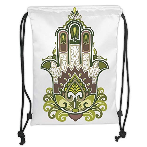 HGWC Drawstring Fashionable Sport Gym Yoga Backpacks Bags,Hamsa,Natural Elements Inspired Hamsa Hand with Branch and Leaf Nature Zen Harmony,Green White Brown Soft Satin,5 Liter Capacity,Adjustable S