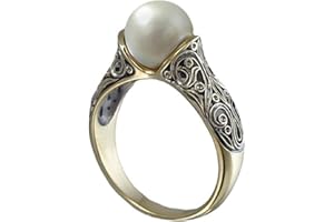 Vsoruln Pearl Ring, Gold Plated Pure Freshwater Pearl Ring Round Cut Birthstone Ladies Ring Zircon Jewelry Size 5-12 (10)