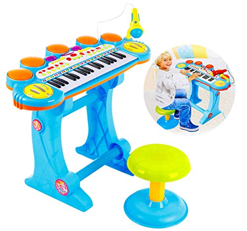 O.B Toys&Gift Musical Instrument Piano Toy 37-Key Kids Electronic Keyboard Organ w/ Stool , Microphone , Record & Playback Custom - Electronic Piano Toy for Kids & Toddler (Blue)