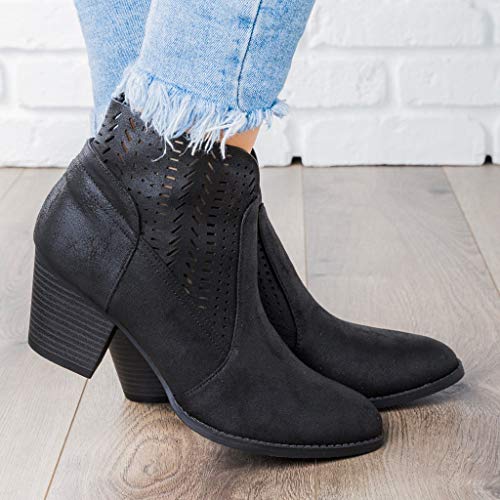 TnaIolral Ladies Boots Heels Solid Hollow Out Vintage Leather Ankle Short Shoes (US:10.5, Black)