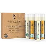 Lip Balm Organic Vanilla Bean and Honey Flavor; Pure and Natural Beeswax Lush Lip Butter with Aloe Vera, Vitamin E for a Clear Gloss Finish; Moisturize, Repair Dry Chapped Lips; 4 tubes in pack