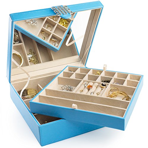 Jewelry Organizer - 28 Section Classic Jewellery Box with Modern Buckle Closure, Large Mirror & 2 Trays for Women Teens and Girls - Holder for Earring Ring Necklace Bracelet & Watch -PU Leather - Blue