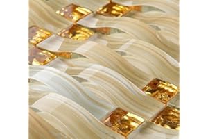 Hominter Beige Gold Glass Mosaic Sheet Hand-Painted Glossy Wall Tile with Foil Accents for Kitchen Backsplash, Bathroom, Fireplace & Accent Walls (5 Square Feet)