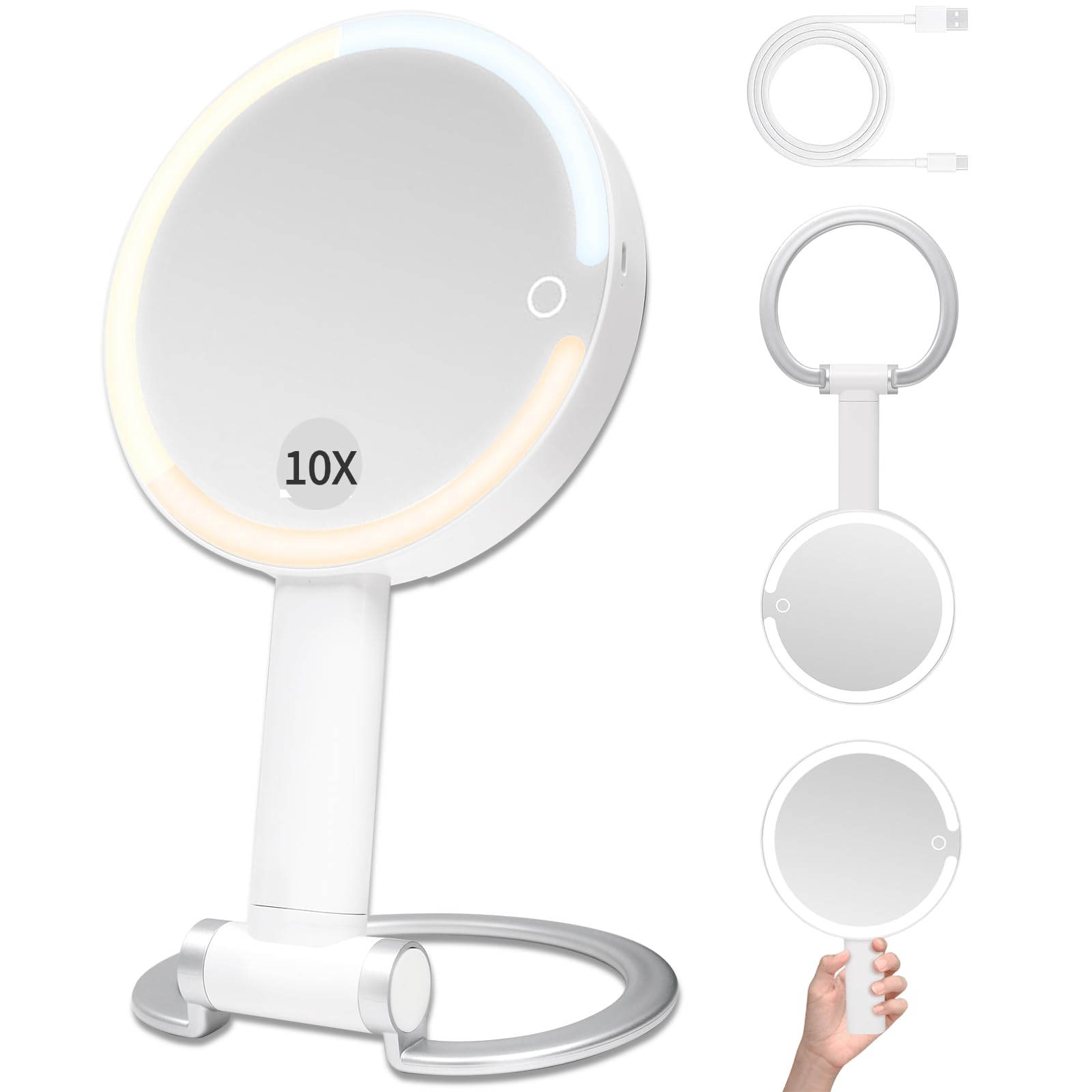 Photo 1 of Portable Travel Makeup Mirror with Lights - 3 Color Dimmable Lighting, 360° Rotation, Rechargeable Double-Sided 1X/10X Magnifying Mirror, Adjustable Brightness for Tabletop, Home & On-the-Go Use