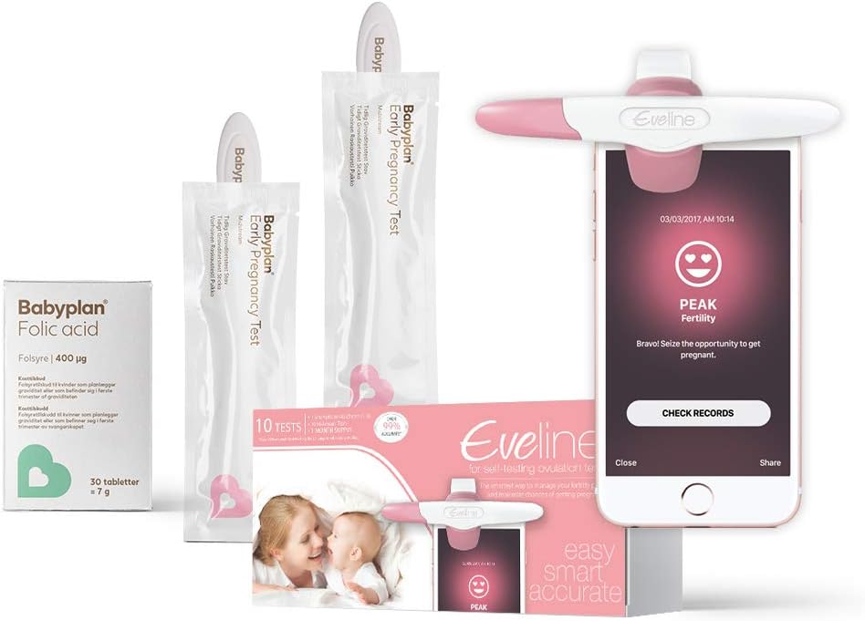 Eveline Smart Ovulation Test App Together with 10 Urine Midstream Tests + 2 Babyplan Early Pregnancy Tests + Folic Acid Pack/Box! - Digital and Accurate Ovulation Predictor with a Clear Test Results