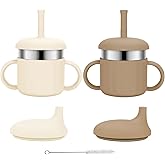 EsOfficce Baby Sippy Cups, 7.4 Oz 3 Stages Training Straw Cups for Infants Toddlers 6-12 Month and Kids 1-3 Year, Stainless Steel Kid Cups with Silicone Straws (Beige+Brown)