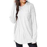 Wihion Women Oversized Long Sleeve T-Shirts Cotton Casual Crewneck Solid Tunic Tops with Pocket