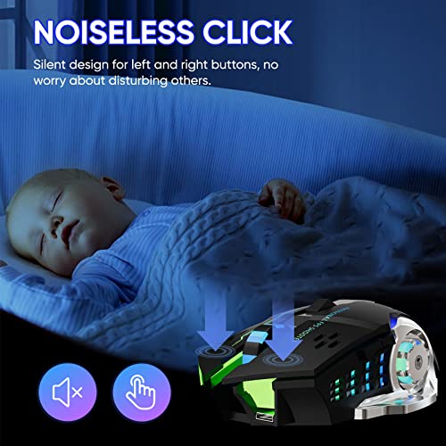 Wireless Gaming Mouse Bluetooth Mouse RGB Rechargeable 2.4G USB Cordless Computer Mice with 7 Color Backlit, 6 Buttons & Silent Click for Laptop, iPad, Mac OS, PC, Windows -Black