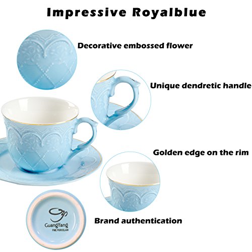 Porcelain Coffee Cups and Saucers Set- 7 OZ Embossed Flower Coffee Cups Set of 4-Blue Tea Cup Sets with Golden Edge Coffee Cups for Mocha Cappuccino