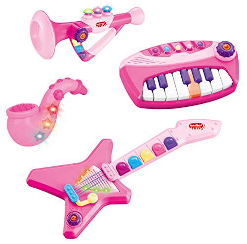 4-in-1 Musical Instruments Band Playset for Kids - Comes with Keyboard, Guitar, Saxophone & Trumpet (with Lights and Music Volume Control) (Pink)