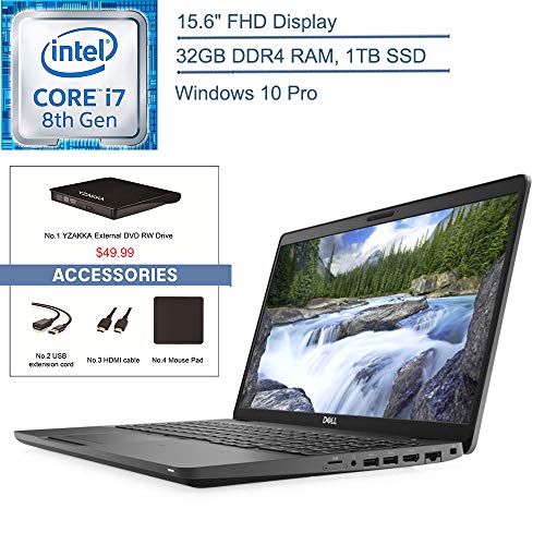 2020 Dell Latitude 5500 15.6″ FHD Business Laptop Computer, Intel Quad-Core i7-8665U Up to 4.8GHz, 32GB DDR4 RAM, 1TB SSD, 802.11AC WiFi, HDMI, Windows 10 Pro, YZAKKA USB External DVD + Accessories
