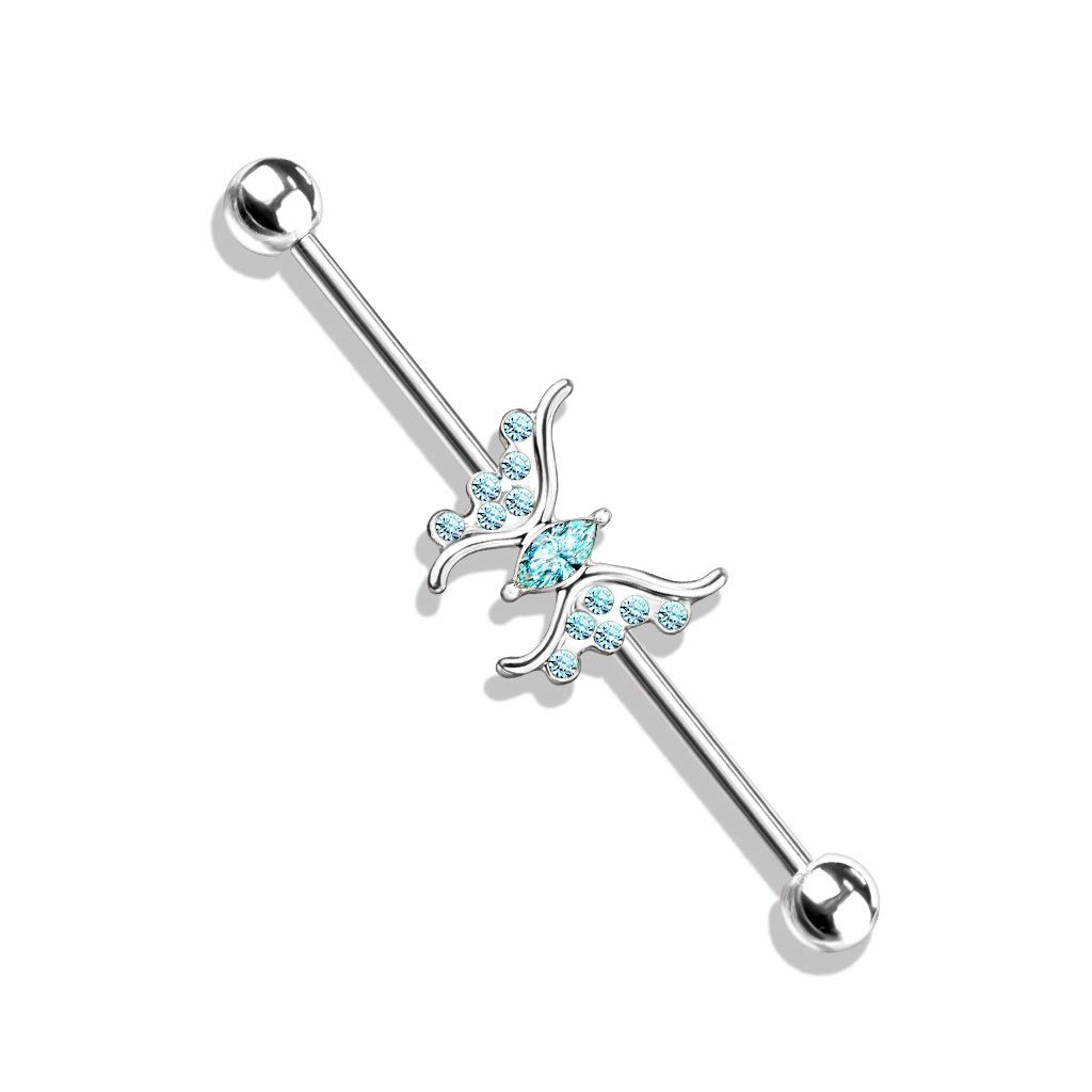 PiercedOff 316L Surgical Steel Externally Threaded Industrial Barbell with Aqua CZ Butterfly - Thickness 14GA(1.6mm) / Length 38mm / Ball Size 5mm
