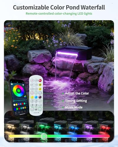 POPOSOAP 8" Pond Waterfall Spillway Filter Kit, 304 Stainless Steel Water Blade Weir with 7-Colour LED Lights & Remote, Quiet Pump, 9.84ft Hose for Garden Pond Water Feature