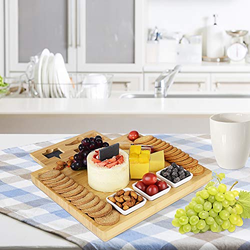 Cheese Board Set, Loyalfire Bamboo Large Thick Charcuterie Platter Serving Tray with Slide Out Drawer for Cutlery 4 Stainless Steel Knives and Wooden Server, for Wine, Crackers, Brie and Meat - Thumbnail 5