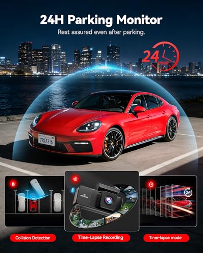 REDTIGER A3 Camara para Carro 3 Canales WiFi, 2.5K+1080P+1080P Delantera/Trasera/Interior, Pantalla 3.18'', Visión Nocturna IR, Grabación en Bucle, Estacionamiento 24H, Soporta 256GB