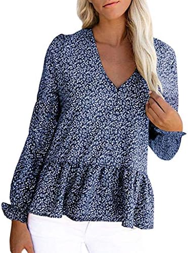 T Shirts for Women,Women's Floral Long-Sleeved V-Neck T-Shirt Bohemian Button Ruffled Top