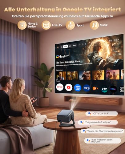 Smart Projector Google TV/360° Rotatable: 4K Projector with Auto Focus/6D Keystone Correction, 1080P Full HD WiFi6 & Bluetooth Home Cinema / Outdoor