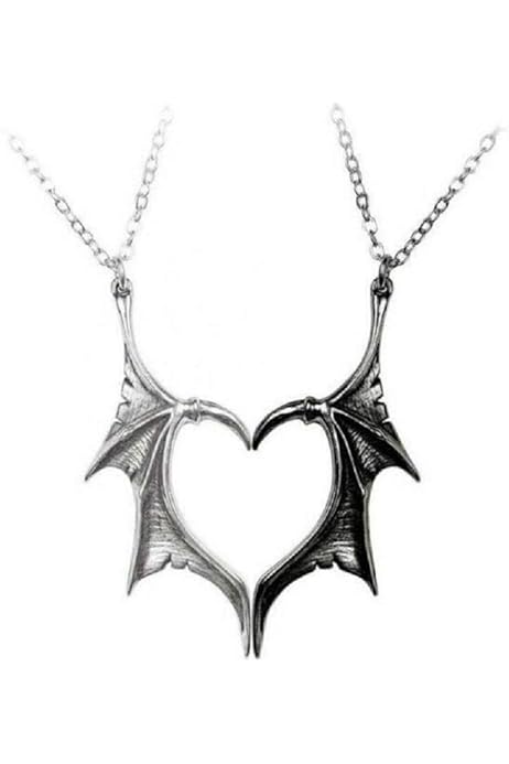 Wing Necklace Set - 2 Piece Matching Demon Dragon Wing Heart Pendant Couple Necklaces