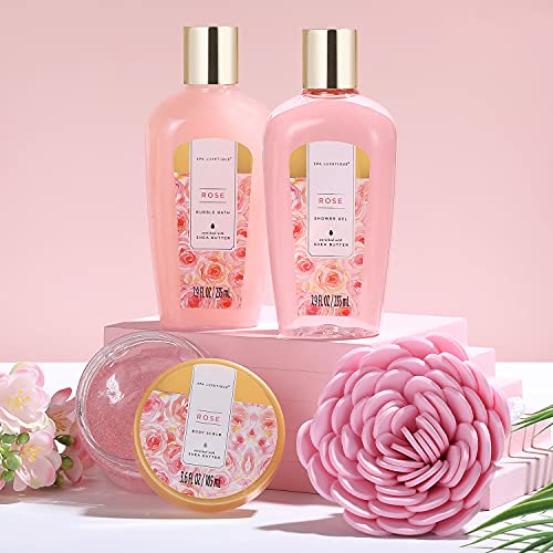 Spa Luxetique Spa Gift Baskets for Women, 12 Pcs Rose Presents Set with Bubble Bath, Bath Bombs, Body Lotion, Hand Cream, Christmas Gift Basket for Mom