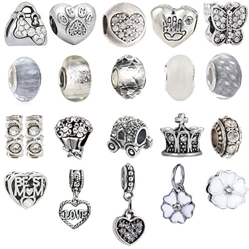 N'joy 20PC Assorted Crystal Rhinestone Charm Beads,Clap,Dangle Pendant,Fit European Charm Bracelet,April Birthstone (Love-White)