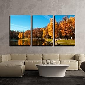 3 Piece Canvas Wall Art - Golden Autumn in City Park with a Pond for Sunny Weather. - Modern Home Art Stretched and Framed Ready to Hang - 16"x24"x3 Panels