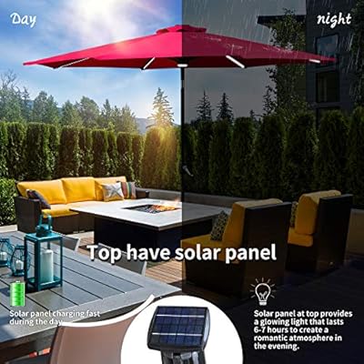 Amazon Com Koolwoom 9ft Solar Led Lighted Patio Umbrella With Crank And Manual Tilt Outdoor Umbrella With Fade Resistant Water Proof Fabric And Push Button Without Base Red Garden Outdoor