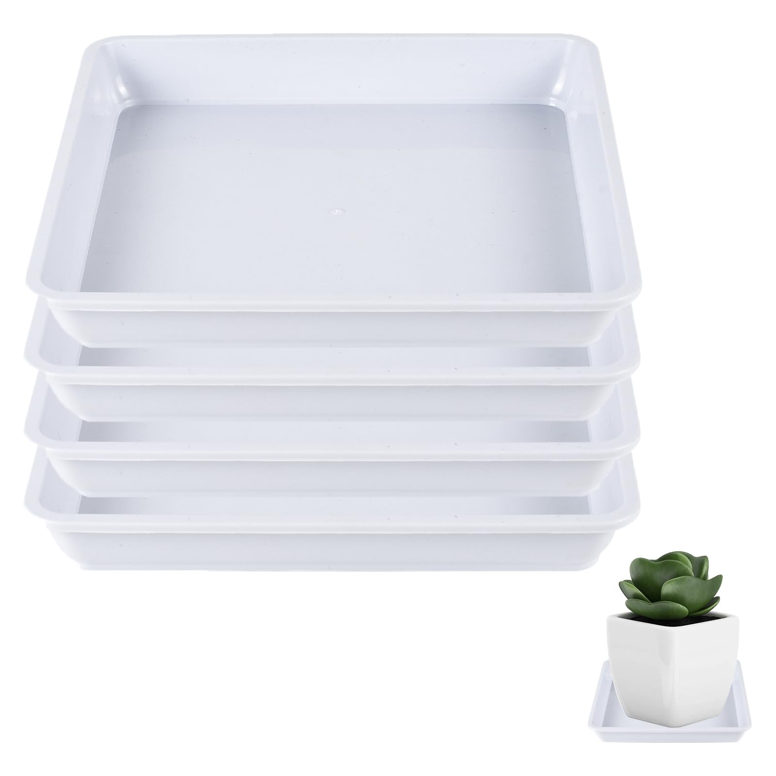 4Pack Plant Saucer Plastic, 18mm Square Plant Pot Saucer Trays, Home Garden Ornaments Square Plastic Plant Pot Saucers, Extra Large Drip Trays Flower Indoor Outdoor Garden Planter Tray (White)