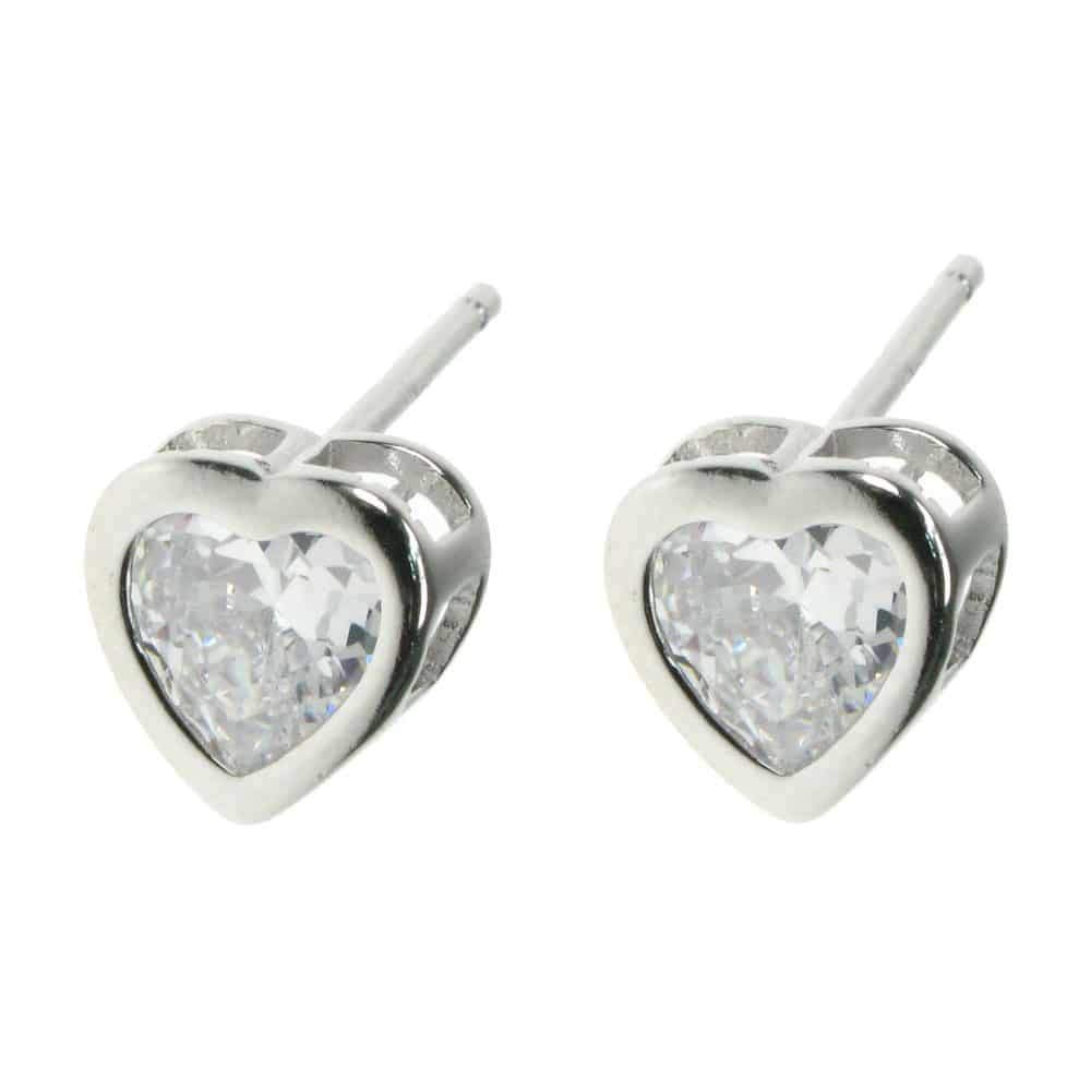 Heart Stud Earrings - 925 Sterling Silver with Crystal Cubic Zirconia - Gift Boxed