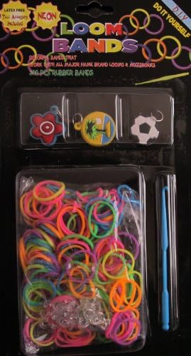 D.I.Y. LOOM BANDS Colorful 'NEON' SET w 300 RAINBOW Colors 'NEON' RUBBER BANDS (NO Latex), 3 CHARMS (SOCCER BALL, Island Scene &amp; Flower), CLIPS &amp; TOOL