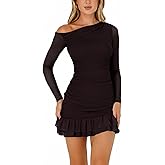 OOQONQ Women's Fall Off The Shoulder Long Sleeve Bodycon Ruched Mini Dress Mesh Ruffle Hem Cocktail Club Party Dresses