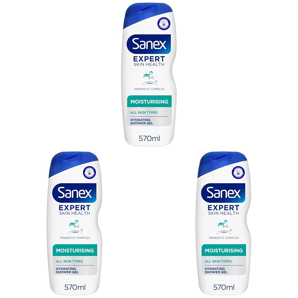 Sanex Expert Skin Health Moisturising Shower gel 570ml | body wash for men & women | gently cleanses | hydrates & softens skin | 12h hydration | advanced prebiotic complex formula | vegan (Pack of 3)