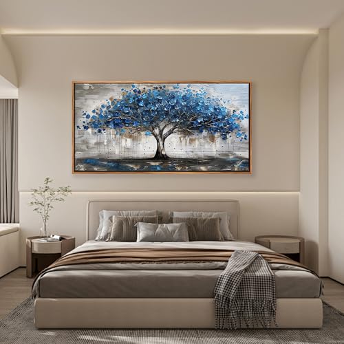 MHARTK66 Modern Living Room Decoration Pictures with Wooden Frame, 50 x 100 cm Large Decorative Sheets Wall Bedrooms, Decorative Canvases Wall Tree of Life Blue, Wall Art Dining Hallway Bathroom