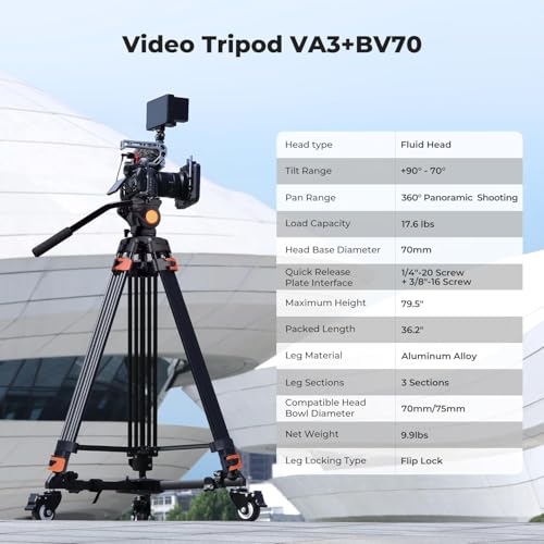 K&F CONCEPT 80"/202cm Video Tripod with Fluid Head, Aluminium Alloy Heavy Duty Camera Tripod with QR Plate, Compatible with Canon/Nikon/Sony Camera, Camcorder, Load Capacity 8kg