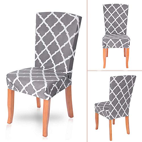 SearchI Dining Room Chair Covers Slipcovers Set of 4, Spandex Fabric Fit Stretch Removable Washable Short Parsons Kitchen Chair Covers Protector for Dining Room, Hotel (Gray+White, 4 per Set) - Thumbnail 6