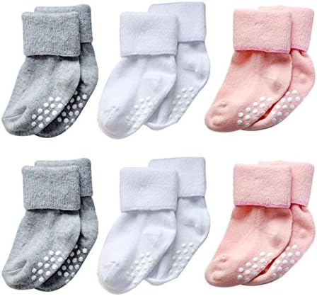 Aymoon Socks 6 Pair Baby Anti Slip And Non Skid Turn Cuff Socks(3-12 months, Pink-Gray-White)