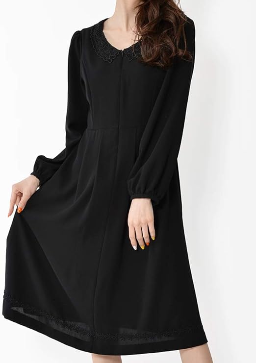 Amazon Co Jp Sunwind 大きいサイズ レディース フォーマルワンピース ミドル丈 長袖 レース襟 フロントzip 5l ブラック 服 ファッション小物