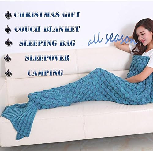 Handcrafted Mermaid Tail Blanket for Adults, Crocheted Mermaid Tail Blanket with Scales for Adults, All Seasons Reading Watching Working Sofa Camping Sleeping Blankets(Adults,76"x37",Lake Blue)