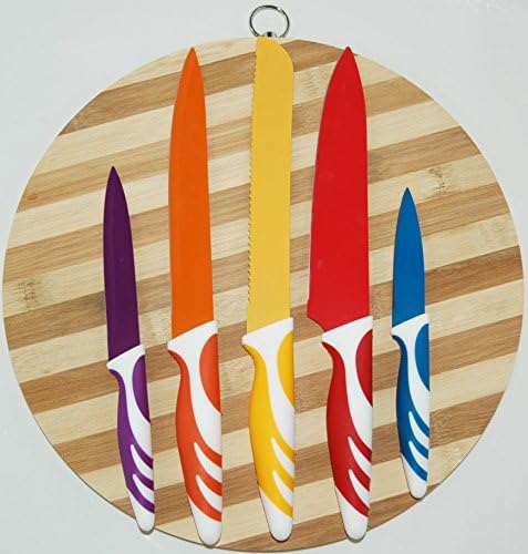 Five Piece Knife Set &amp; Round 13.25 Inch Bamboo Cutting Board - Knife Essentials - Paring, Boning, Chef's, Carving and Bread Knives - Easy Grip Handles