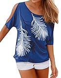 Relipop Women's Fashion Off Shoulder Tops Short Sleeve Blouse Casual T-Shirt (XX-Large, Blue)
