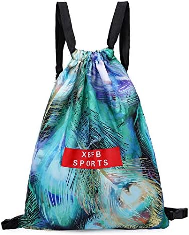 Drawstring Backpack Foldable Cinch Sack Basic Sackpack Gym Tote Dance Bag for Swimming Shopping Sports Women Men Boys Girls (Feather DB)